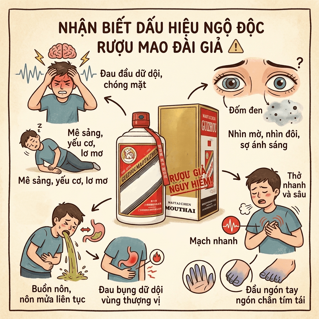 dấu hiệu ngộ độc rượu giả 