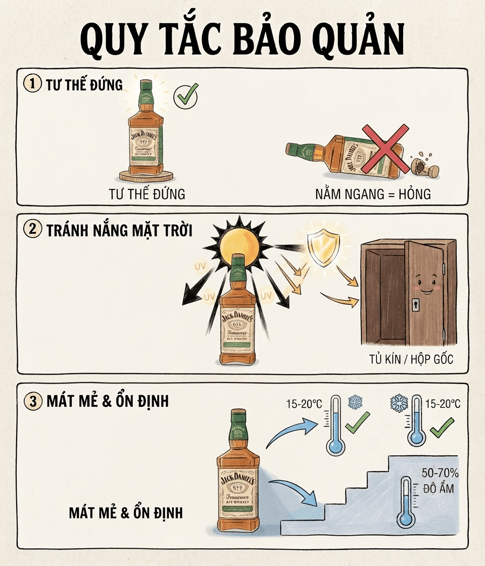 cách bảo quản rượu Jack Daniel's, nhiệt độ thưởng thức whisky, lưu trữ rượu mạnh tại nhà Việt Nam